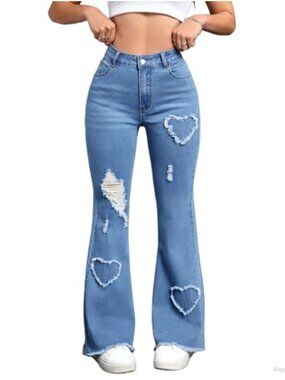 High-Waist Flare Jeans Heart Ripped Distressed Frayed Hem Y2K Denim